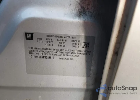 2012 Chevrolet Cruze Ltz z USA, uszkodzony, nr VIN 1G1PH5SCXC7283510